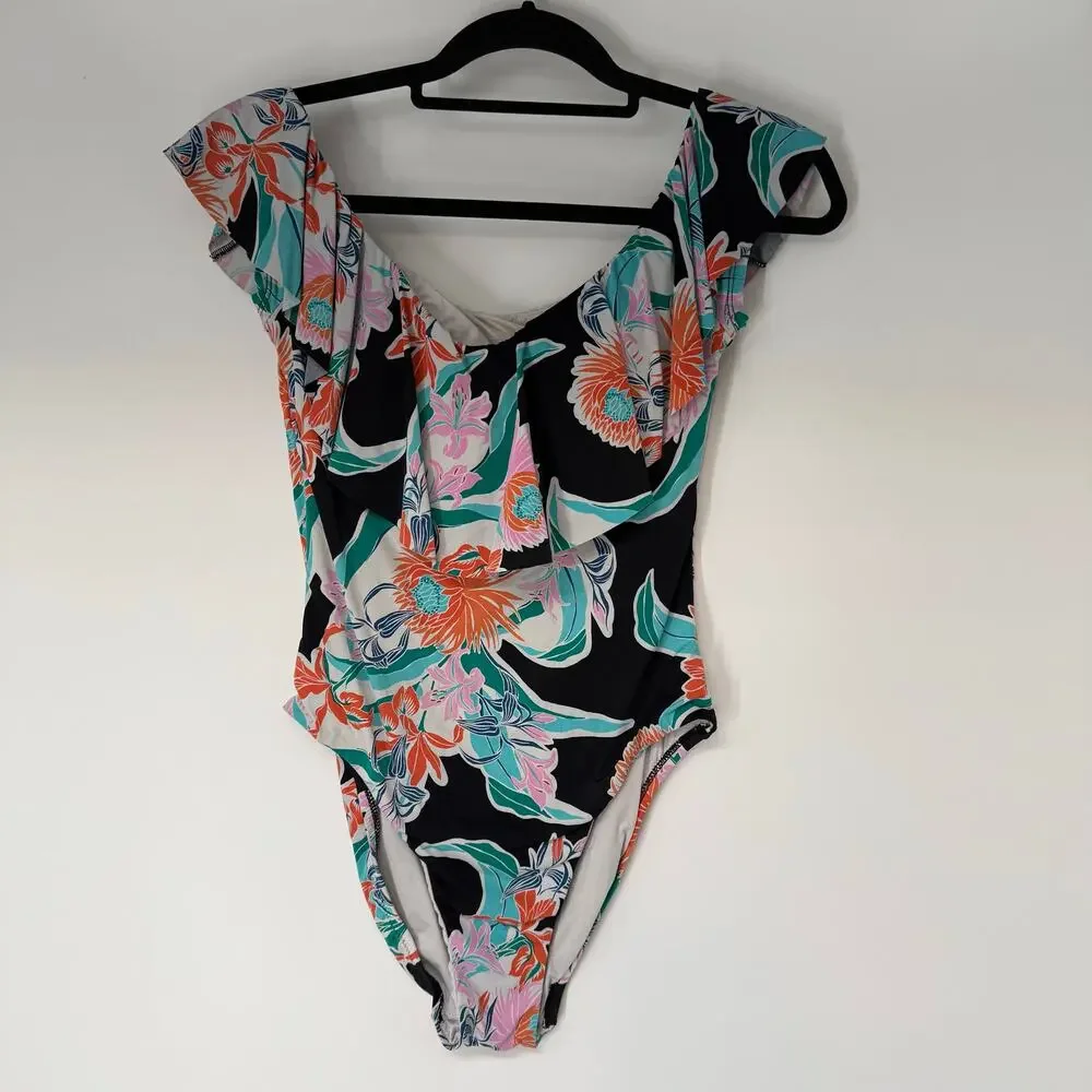 Trina Turk Off Shoulder One Piece Swimsuit Womens 8 Black Floral Ruffle Bandeau